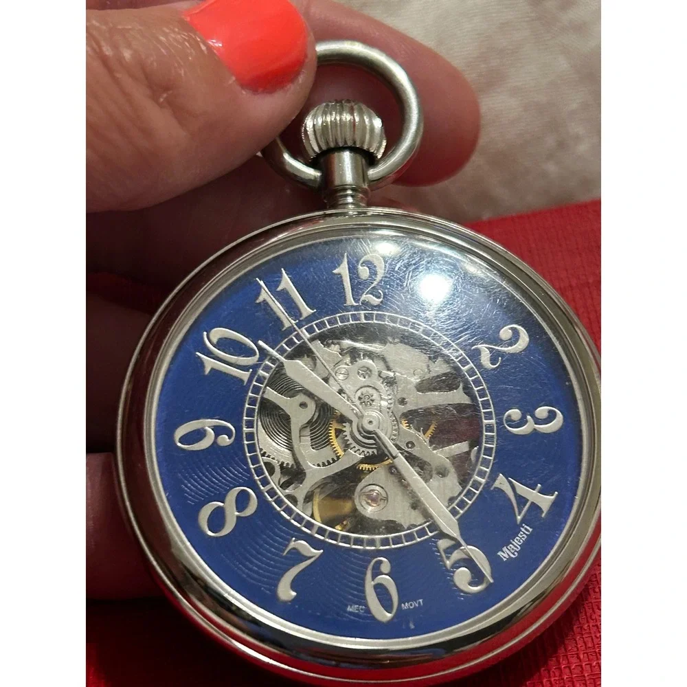 Majesti Skeleton Pocket Watch Blue Dial Mechanical Silver Tone Case